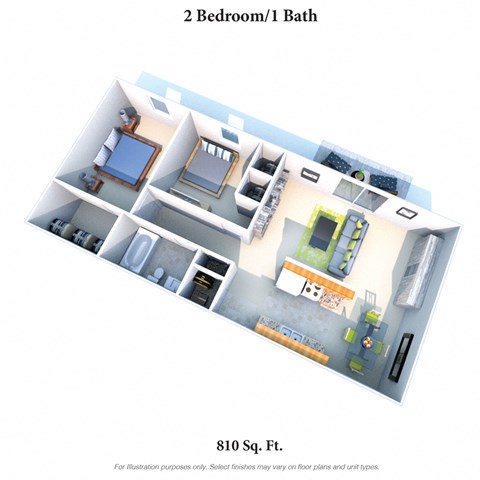Floor plan for 2 beds, 1 bath, 810 sqft